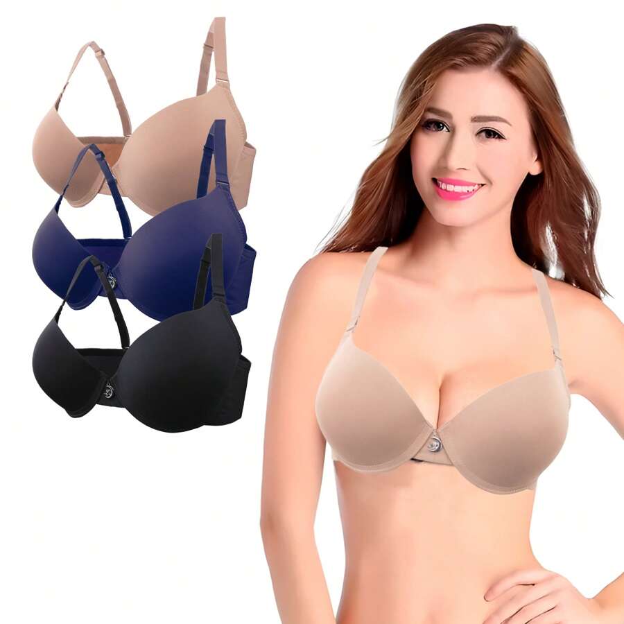 PREMIUM QUALITY D CUP BRA WITH METAL MOON DETAIL THREE-PIECE SET - Black - View 1