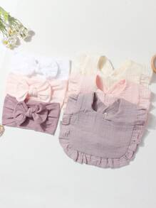 3pcs Solid Color Nylon Oversized Bow Baby Crease-Free Hairbands + 3pcs Cute Baby Bibs Set, Suitable For Daily Wear - Multicolor - View 8