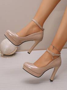 New High Heel Platform Low Vamp Commuter Pumps, Round Toe Comfortable Thick Heel Strap Buckle Plus Size Women High Heels - Beige - View 3