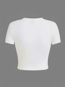 Q Of Hearts Pattern Women Short Sleeve Round Neck Crop Slim Fit T-Shirts,For Spring Summer,Casual Vacation Simple Office Street Style - White - View 4