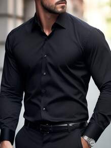 Men's Solid Color Casual Formal Dress Shirt, For Fall, Long Sleeve Top - Black - View 4