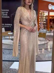 Long Sleeve Slit Design Dress, Elegant Rose Gold Suitable For Party Dinner, Women's Wear, For Cocktail