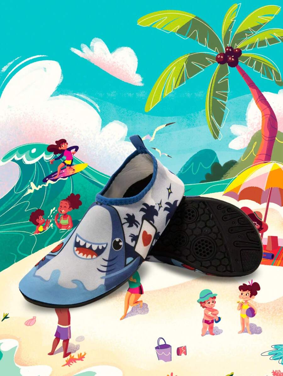 儿童户外沙滩鞋，男童浅蓝色鲨鱼网软底轻便透气游泳水鞋，适合户外、沙滩、万圣节派对 - 淺藍色 - 查看 1