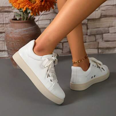 2025 Early Spring & Autumn White Sneakers, Suitable For Outdoor Trips, Travel, Casual Wear, Women's Printed Flat Thick Sole Sport Shoes, Lightweight White Athletic Shoes Suitable For Students, Breathable And Comfortable, Suitable For Daily Wear, Fashionable And Versatile, Suitable For School And Leisure Activities