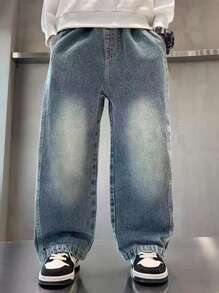 Jeans coupe droite pour garçons adolescents, pantalon en jean décontracté bleu pour garçons adolescents au printemps et en automne