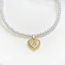 Mặt dây chuyền trang trí hình trái tim và ngọc trai giả Cubic Zirconia 26 chữ sang trọng, thích hợp cho tiệc tùng và đeo hàng ngày - Vàng - Xem 7