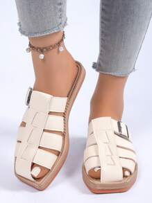 Women's Woven Crisscross Decorated Straw Bottom Sandals, Vacation Style Summer Beige Leather Flat Sandals