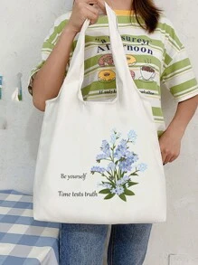 1 件定制时尚帆布手提袋，花卉和文字设计，独特，礼物，大容量，轻便，购物，杂货，可折叠，个性化字母，名字，口号，适合外出，休闲，学校，办公室，存储 - 白色 - 查看 5