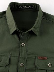 LEDUNTINO [Primavera/Verano] Camisa informal con botones de moda para hombres, color verde sólido, deportiva, de carga, regalo para novio, camisa de manga larga de primavera/otoño para hombres, multicolor, con doble bolsillo, cuello de solapa, ropa de primavera/otoño para hombres - Verde militar - Ver 3