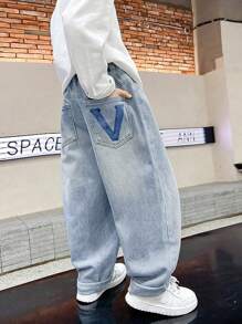 Tween Boy Straight Jeans Spring And Autumn Back Pocket Print