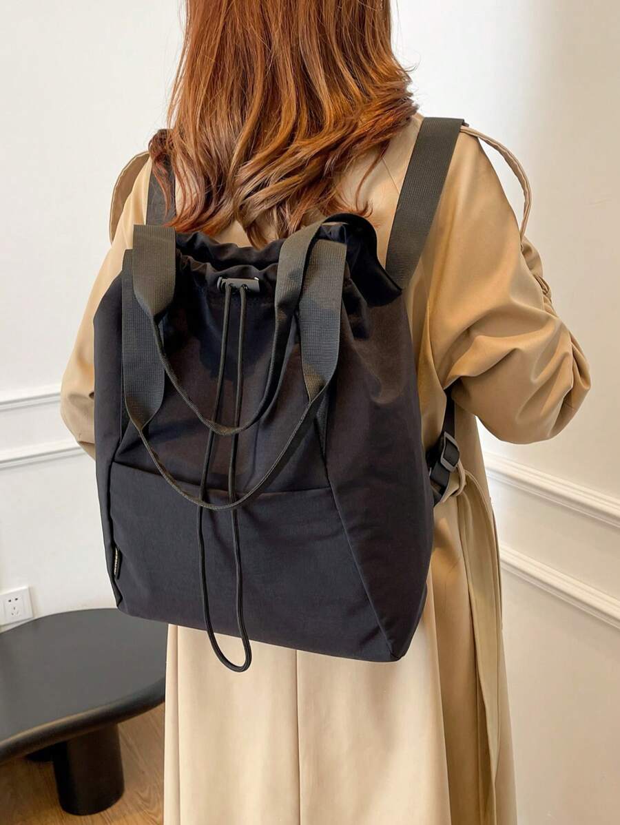 Casual Drawstring Backpack, Lightweight High Capacity Multi-Purpose Daypack, Simple Everyday Commute Tote Bag, School Backpack - Black - View 1