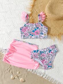 Set de 3 piezas de traje de baño floral para niñas para nadar, actividades al aire libre y ocio - Rosa vieja - Ver 2