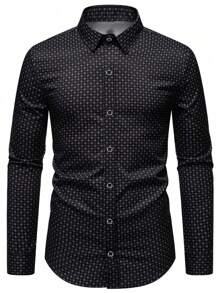 男士几何图案单排扣休闲正装衬衫，长袖，emo
