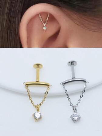 1pc Cubic Zirconia Threaded Stud Lip Stud Set, Cubic Zirconia Pendant Cartilage Earring, Fashion Soft Cartilage Piercing Earrings