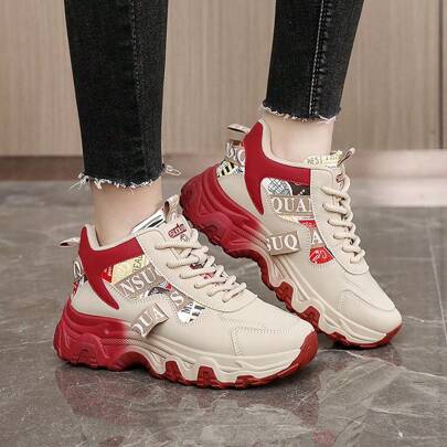 新款 2025 女士拼色厚底厚底运动鞋，透气休闲增高鞋