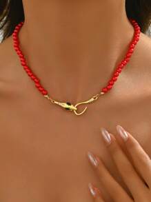 1pc Elegant Minimalist Beaded Metal Snake Head Necklace - Snake - View 4