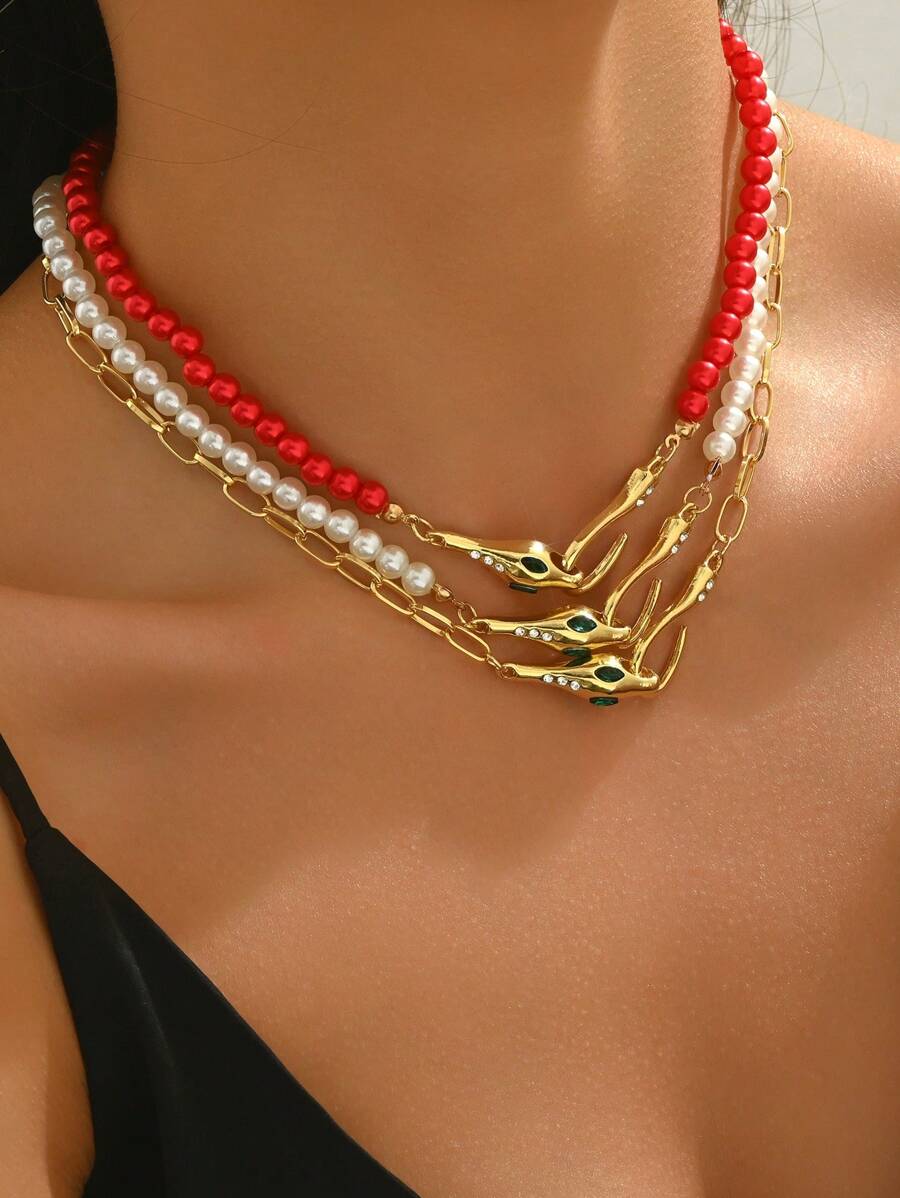 1pc Elegant Minimalist Beaded Metal Snake Head Necklace - Snake - View 1