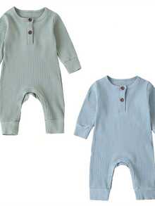 Newborn Baby Boy Girl Knitted Rib Romper Infant One Piece Jumpsuit Cotton Solid Long Sleeve  Bodysuit Basic Coming Home Outfits - Light Blue+Light Green - View 1