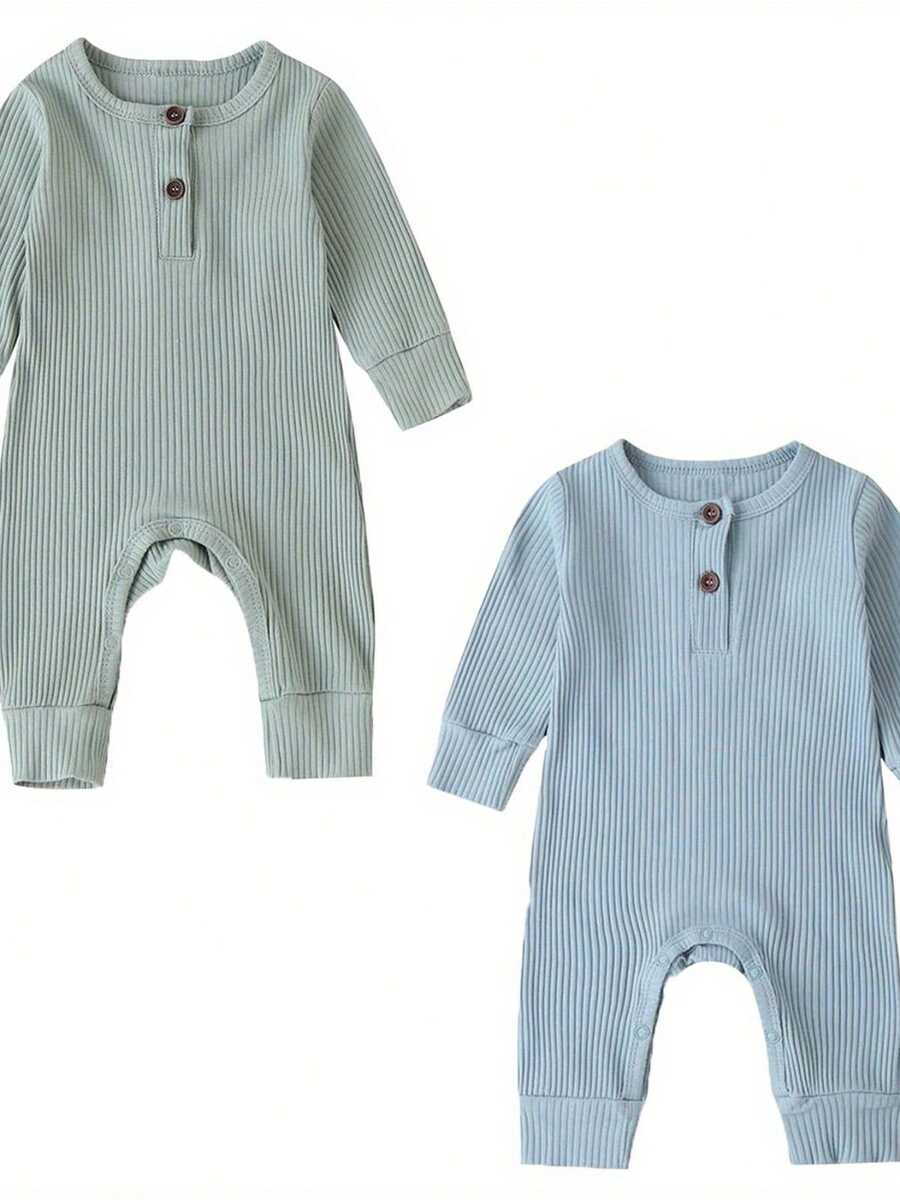 Newborn Baby Boy Girl Knitted Rib Romper Infant One Piece Jumpsuit Cotton Solid Long Sleeve  Bodysuit Basic Coming Home Outfits - Light Blue+Light Green - View 1