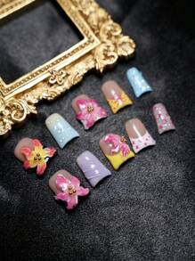10pcs Duck Nails Handemade Press On Nails For Party And Daily Wear, 3D Rhinwstones, Flowers Handmade Flower Shaping For Girls, Easy To Wear10pcs Y2K, Short Nails And Medium Nials Shiny Atirficial Gems, Suitable For Girls And Women Festivals Parties And Daily Wear