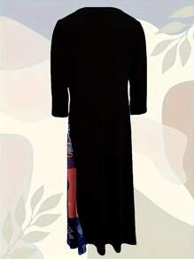 春夏新款休闲七分袖加大码中长连衣裙，带口袋的花卉拼布，女式连衣裙