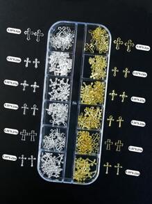 1 盒十字方形铆钉用于指甲和脚趾甲装饰 3D 金色金属朋克美甲宝石 12 格指甲亮片饰品 DIY 指甲宝石美甲用品 - 彩色 - 查看 4