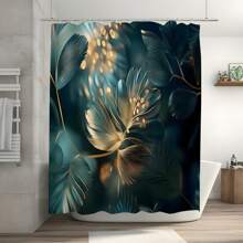 1pc Letter & Leaf Print Farmhouse Style Polyester Fabric Shower Curtain, Suitable For Bathroom Partition Home Decor, Comes With 12pcs Hooks Back To School