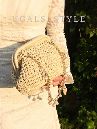 Leisure Style Shopping Bag Bohemian Weave Flap Bag With Island Designs Straw Beach Bag Rattan Women's Evening Clutches Bag Bridal Wedding Purse Party Prom Envelope Tote Handbag ﻿