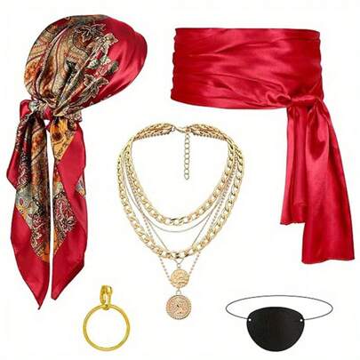 5pcs/Set Pirate Costume Accessories Set, Includes Women Pirate Hat, Pirate Scarf, Pirate Belt, Jumpsuit Decor, And Multi-Color Halloween