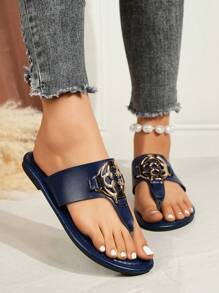 Sandalias deslizantes cómodas y casuales con decoración metálica y acolchado para mujer