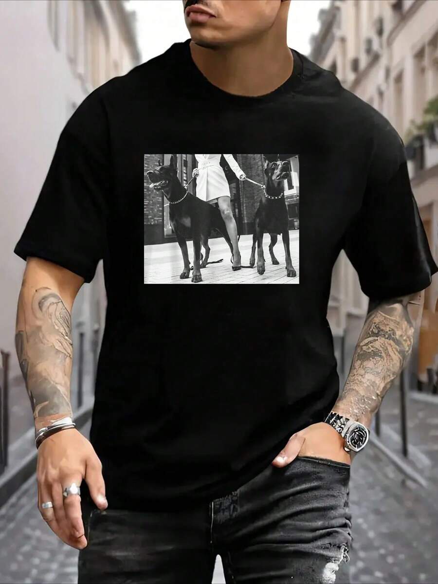 Camiseta Estampado Gráfico "Doberman enojado pruebame" - Camiseta Ligera De Cuello Redondo Para Hombre Con Estampado, Top Casual De Verano En Negro, Diseño Gráfico Blanco, Tejido De Poliéster Cómodo Para Atuendo Casual, Ropa De Playa | Cuello Redondo Casual | Camiseta Ligera, Camisa De Playa Tejido Transpirable 220g Algodón Pesado