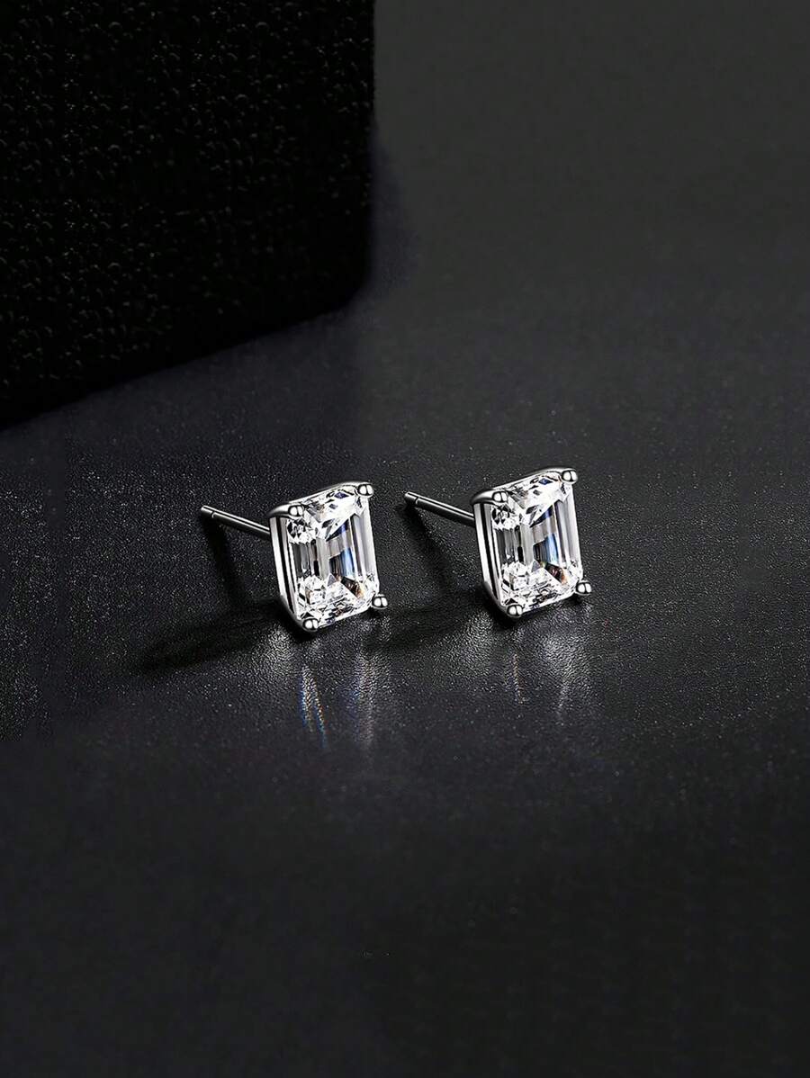 1 Pair French Minimalist 925 Sterling Silver 4-Prong High Carbon Diamond Stud Earrings With Simulated White Crystal, Suitable For Daily Wear For Women - White Gold Yellow Zirconia Earrings - View 1