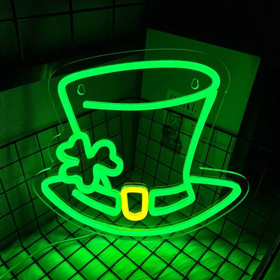 Threan 圣帕特里克节霓虹灯帽子三叶草灯装饰 LED 绿色幸运帽霓虹灯三叶草灯 USB 壁吧客厅窗户装饰春季派对家居卧室艺术礼物