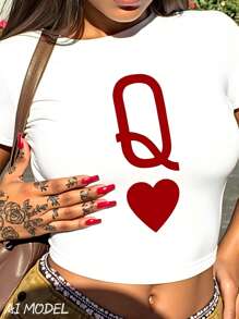 Q Of Hearts Pattern Women Short Sleeve Round Neck Crop Slim Fit T-Shirts,For Spring Summer,Casual Vacation Simple Office Street Style - White - View 1