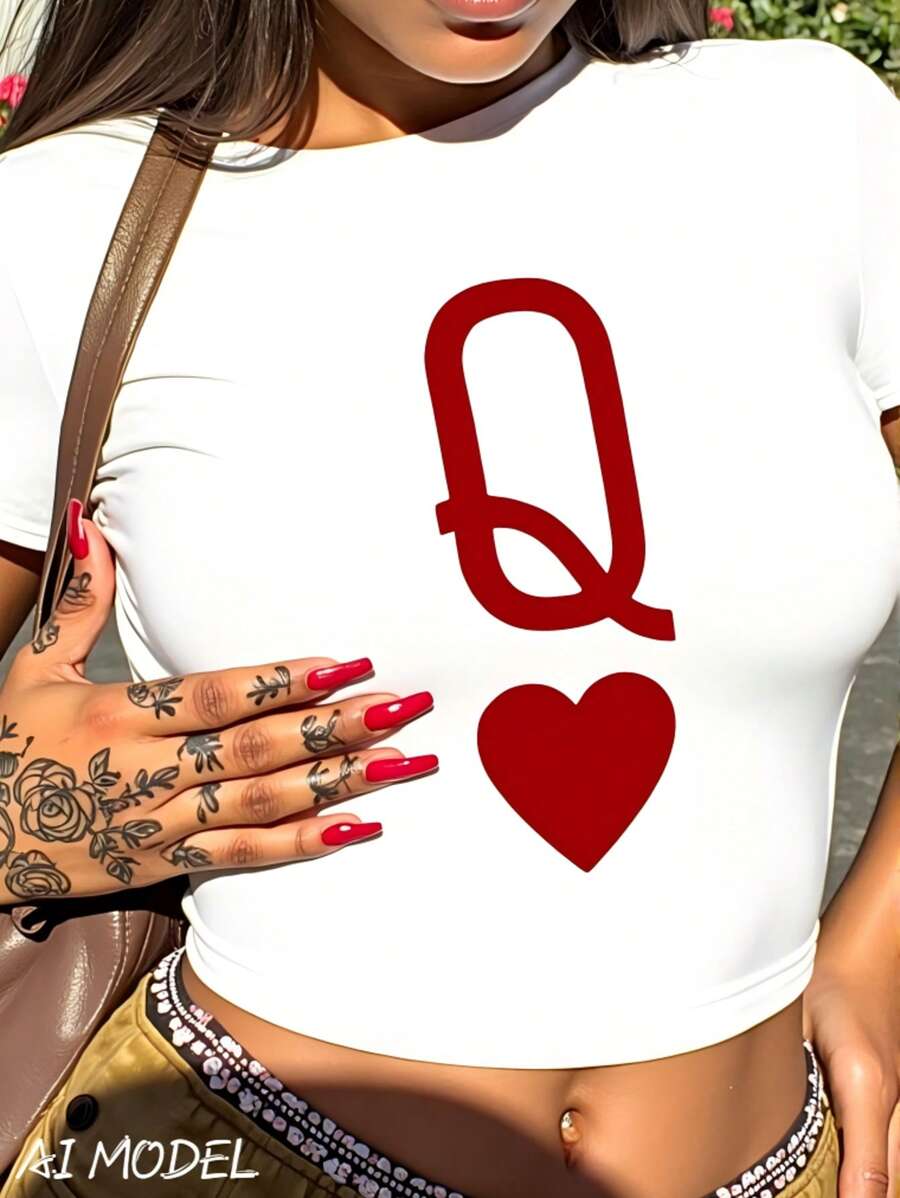 Q Of Hearts Pattern Women Short Sleeve Round Neck Crop Slim Fit T-Shirts,For Spring Summer,Casual Vacation Simple Office Street Style - White - View 1