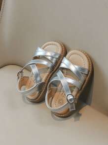 1 双条纹设计露趾柔软舒适海滩度假凉鞋，适合小女孩，简约时尚公主平底鞋