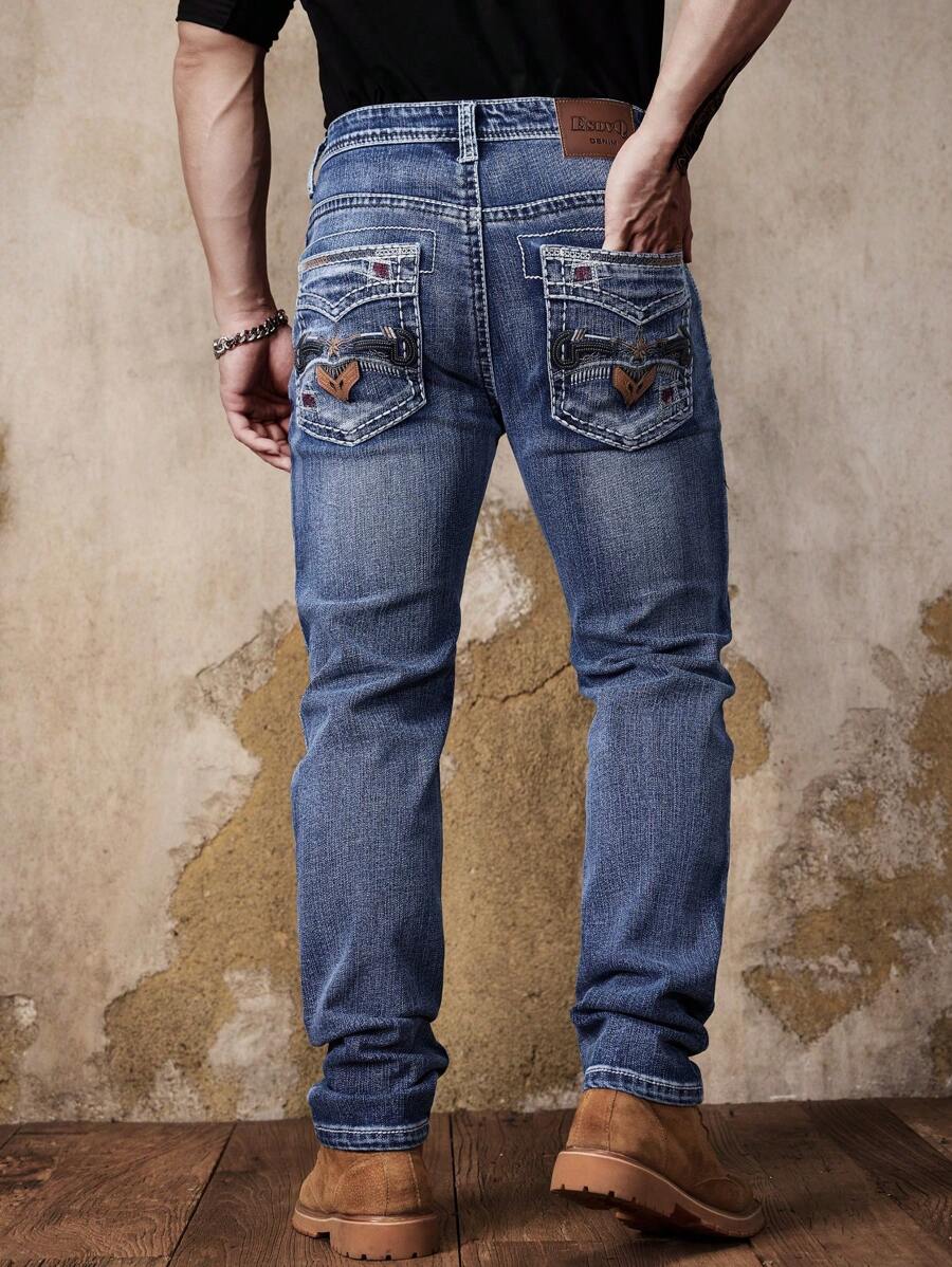 Customized Elastic Embroidered Denim Jeans - Medium Wash - View 1