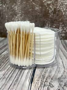 1pc 二合一一体式清洁棉签盒 卸妆棉垫收纳盒 桌面化妆棉垫收纳盒 双孔圆形组合收纳盒 桌面清洁棉签收纳盒 二合一收纳盒 卸妆棉垫收纳盒 双孔圆形组合粉扑收纳盒。 卸妆工具收纳盒。