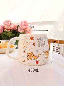 1 pieza Taza cerámica con forma de gato linda y práctica para el hogar y la oficina, patrón aleatorio, para café o leche, de vuelta a la escuela - Blanco - Ver 7