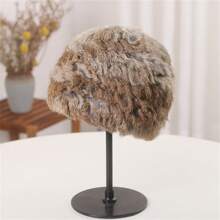 1pc Solid Color Casual Faux Fur Knit Hat, Women Autumn/Winter Warm Earflap Hat - Grey - View 1
