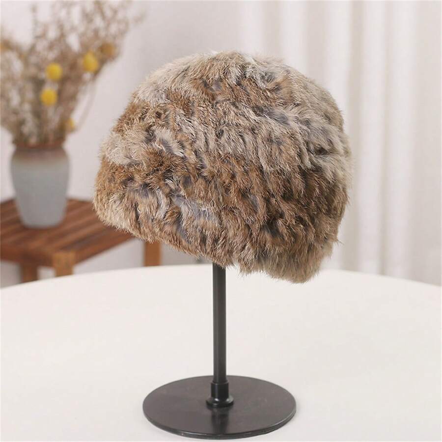 1pc Solid Color Casual Faux Fur Knit Hat, Women Autumn/Winter Warm Earflap Hat - Grey - View 1