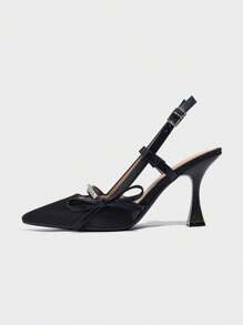 女士水钻蝴蝶结装饰尖头露跟高跟鞋，时尚适合派对、婚礼、舞蹈、日常穿着、街头风格、办公室、春/夏，黑色 - 黑色 - 查看 6