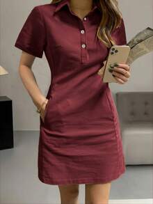 Spring And Summer New Style Fashionable Simple Elegant Lapel Single-Breasted Slimming Short Dress For Women - Red Violet - View 5
