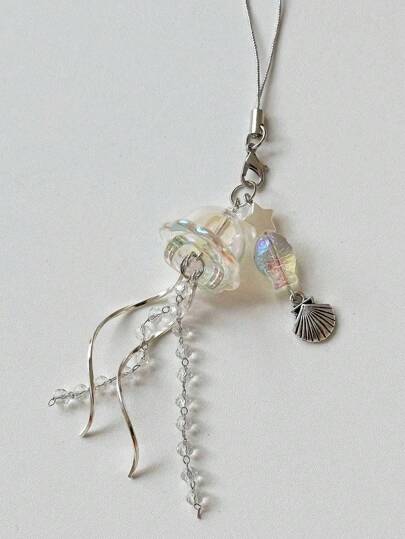 1pc Dreamy Jellyfish Transparent Marine Animal Metal Curved Romantic Phone Lanyard Keychain Pendant, Suitable For Earphone Case, Bag, Phone, Keys (Random Bead Quantity) Car Accessories Bag Charm School Star Cute Goth Y2k Halloween Accessories Teachers Day Christmas Gift Ideas Bag Lanyards With Id Holder Car Accessories Bag Charms
