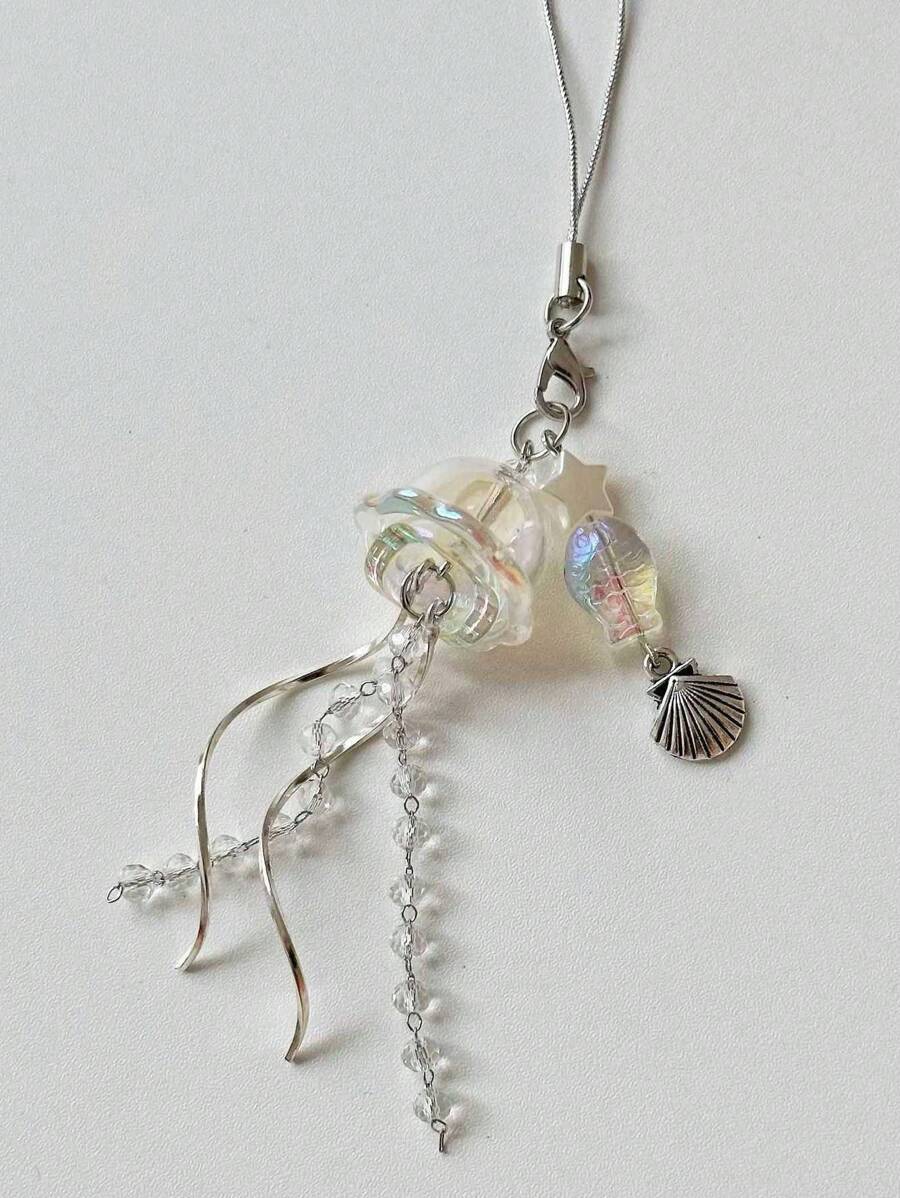 1 pieza Colgante de llavero con forma curva de metal de animal marino transparente de medusa soñadora, adecuado para funda de auriculares, bolso, teléfono, llaves (cantidad aleatoria de cuentas). Accesorios de coche, encantos de bolso, accesorios escolares, góticos, Y2K, accesorios de Halloween, ideas de regalo del Día del Maestro, Navidad, portaidentificaciones de cordones de bolso - Multicolor - Ver 1