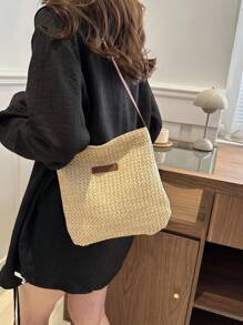 Bolso de paja para mujer portátil, ideal para primavera y verano, muy adecuado para negocios, universidad, escuela primaria, secundaria, viajes, fiestas, trabajo, transporte, oficina, estadio, deportes, vacaciones, playa, bolso de hombro