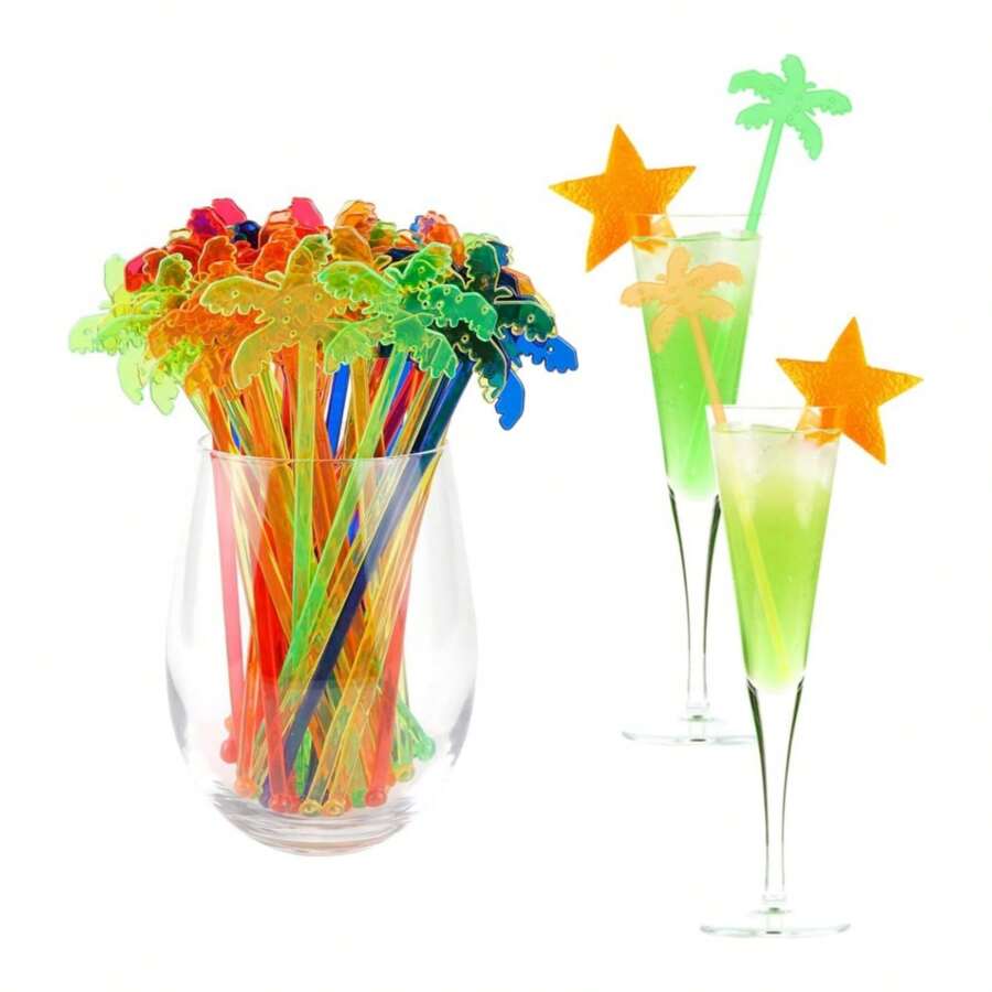 50/30/12/7 件椰子树形塑料鸡尾酒搅拌器，适用于牛奶、咖啡、茶、混合饮料、鸡尾酒、热巧克力，优雅的可重复使用的搅拌器，非常适合生日、婚礼、家庭聚会、海滩派对、鸡尾酒会（随机混合颜色）