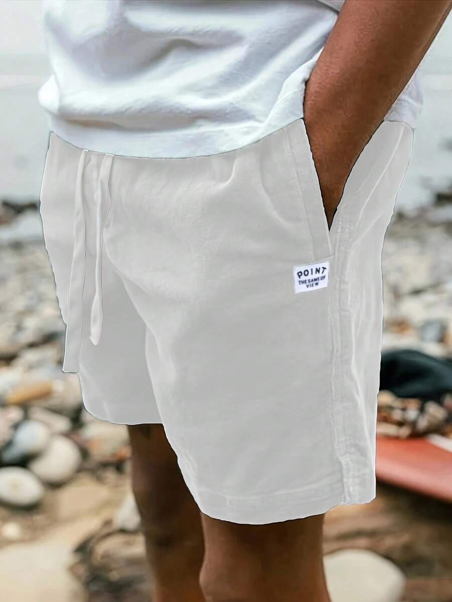 Men's Casual Print Label Drawstring Shorts - White - View 1