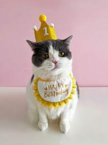 3pcs/Set Cartoon Pet Birthday Accessory Set - Party Holiday Woven Pet Decorations Include Crown, Drool Bib And Number Sticker, Suitable For Small To Medium Cats And Dogs, Year-Round Use - No Battery Required - Multicolor - View 7