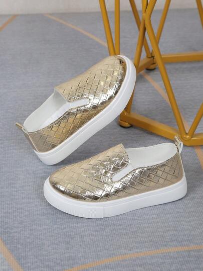 1 par de zapatos planos de estilo slip-on en color dorado, adecuados para niños y niñas, zapatos casuales para el campus en primavera/otoño